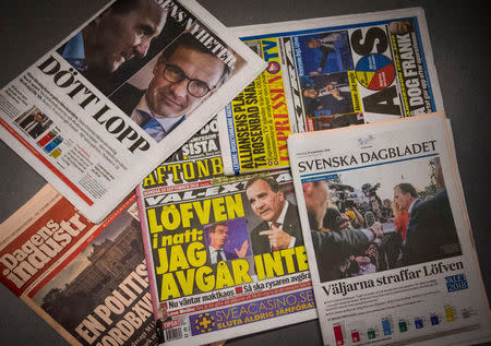 Front pages of Swedish newspapers are seen a day after the general election, in Stockholm, Sweden, September 10, 2018. TT News Agency/Hanna Franzen via REUTERS/File Photo