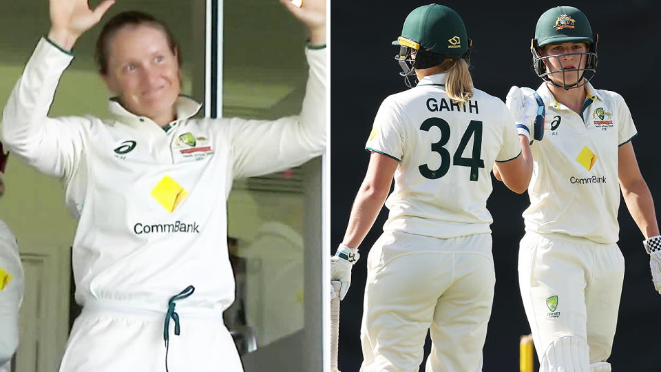 Alyssa Healy, pictured here alongside Kim Garth and Annabel Sutherland.