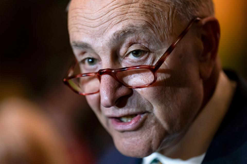 Senate Majority Leader Chuck Schumer, D-N.Y., meets with reporters following a Democratic Caucus meeting, at the Capitol in Washington, Tuesday, April 5, 2022.