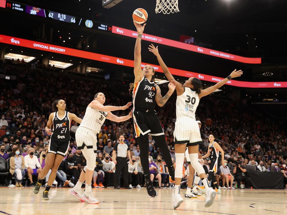 Brittney Griner #42 of the Phoenix Mercury puts up a shot over Azurá Stevens #30 of the Chicago Sky during the second half in Game Two of the 2021 WNBA Finals at Footprint Center on October 13, 2021 in Phoenix, Arizona. The Mercury defeated the Sky 91-86 in overtime.