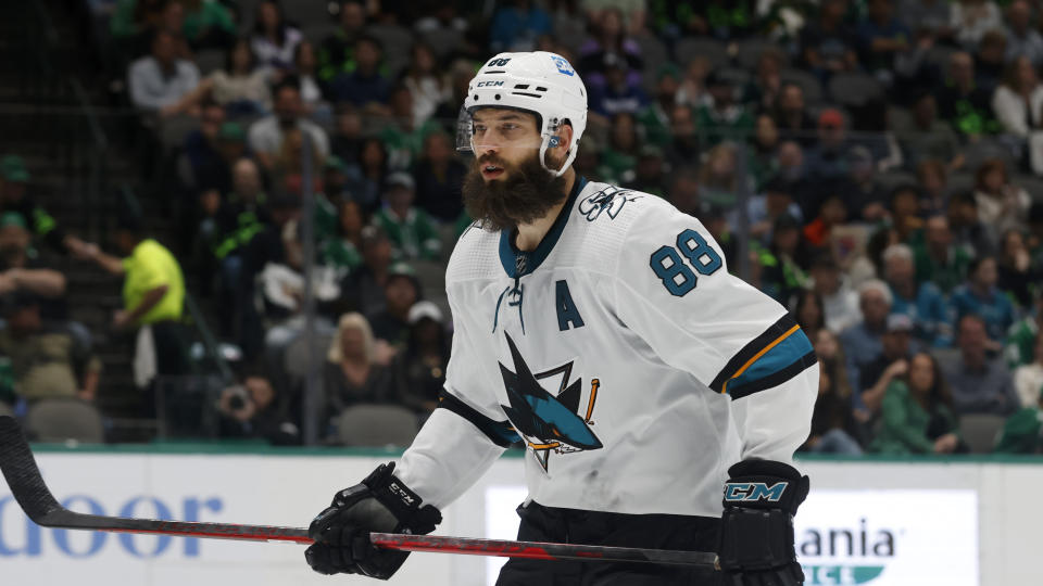 FILE - San Jose Sharks defenseman Brent Burns (88) plays against the Dallas Stars during the first period of an NHL hockey game in Dallas, Saturday, April 16, 2022. A person with knowledge of the deal says the Carolina Hurricanes acquired Burns from the San Jose Sharks, and spoke to the Associated Press on condition of anonymity, Wednesday, July 13, 2022, because the deal had not been finalized. (AP Photo/Michael Ainsworth, File)