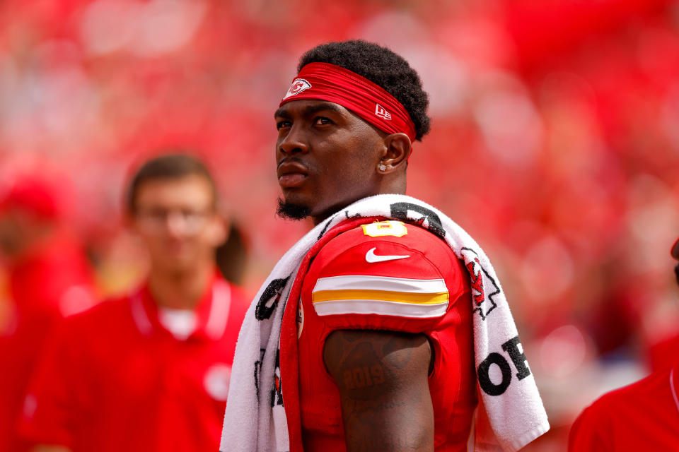 KANSAS CITY, MISSOURI - AUGUST 26: Justyn Ross #8 of the Kansas City Chiefs stands on the sidelines during the fourth quarter of a preseason game against the Cleveland Browns  at GEHA Field at Arrowhead Stadium on August 26, 2023 in Kansas City, Missouri. (Photo by David Eulitt/Getty Images)