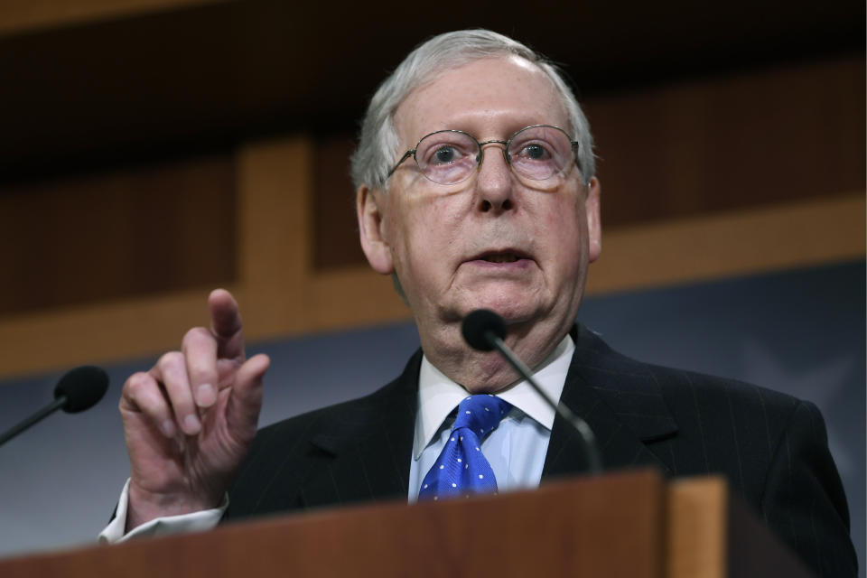 FILE - In this March 17, 2020 file photo, Senate Majority Leader Mitch McConnell of Ky., speaks during a news conference on Capitol Hill in Washington. McConnell flexed his fundraising strength in the midst of a global pandemic, raising nearly $7.5 million in the first three months of 2020, his campaign said Tuesday, April 7. The first-quarter haul was the Kentucky Republican's best three-month fundraising performance since entering the Senate in the mid-1980s. (AP Photo/Susan Walsh, File)