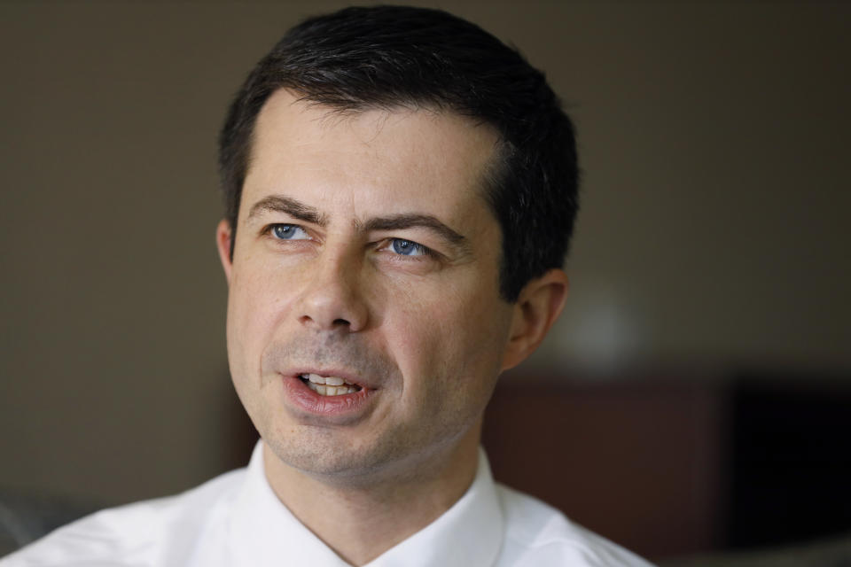 Democratic presidential candidate South Bend, Ind., Mayor Pete Buttigieg speaks during an interview with The Associated Press, Monday, Dec. 30, 2019, in Fort Madison, Iowa. (AP Photo/Charlie Neibergall)