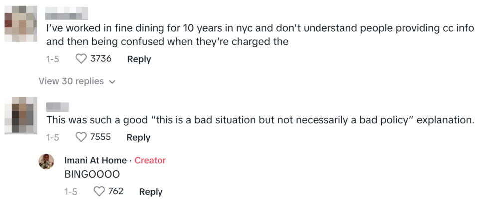 Three social media comments discussing dining experiences and policies