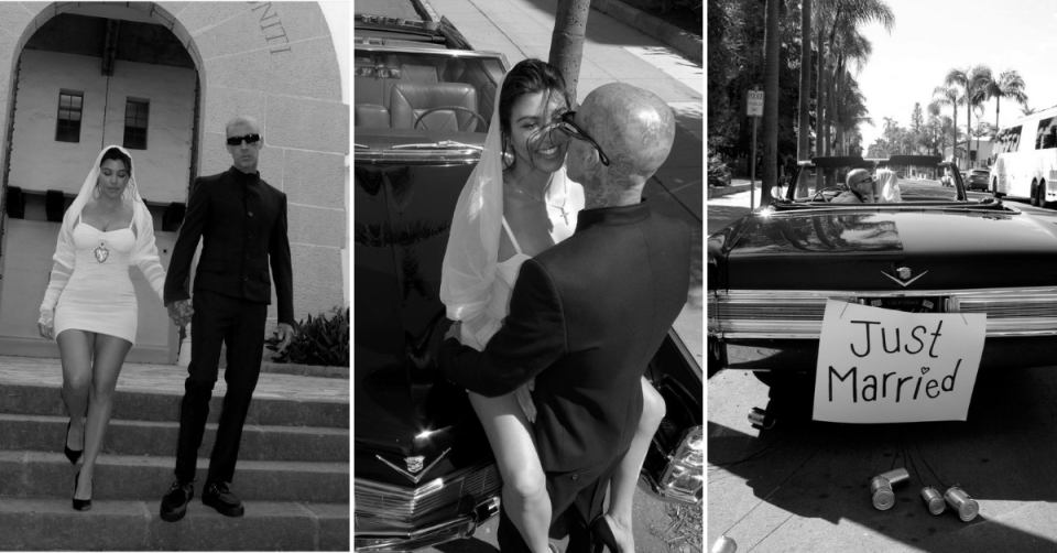 Images outside in Santa Barbara of Kourtney Kardashian and Travis Barker legal wedding. Three image: at left, she wears a white mini dress and short veil/shrug covering her arms and he is in a dark suit and shirt; centre, she sits smiling on the bonnet of a car as he kisses her; at right, their vehicle has 