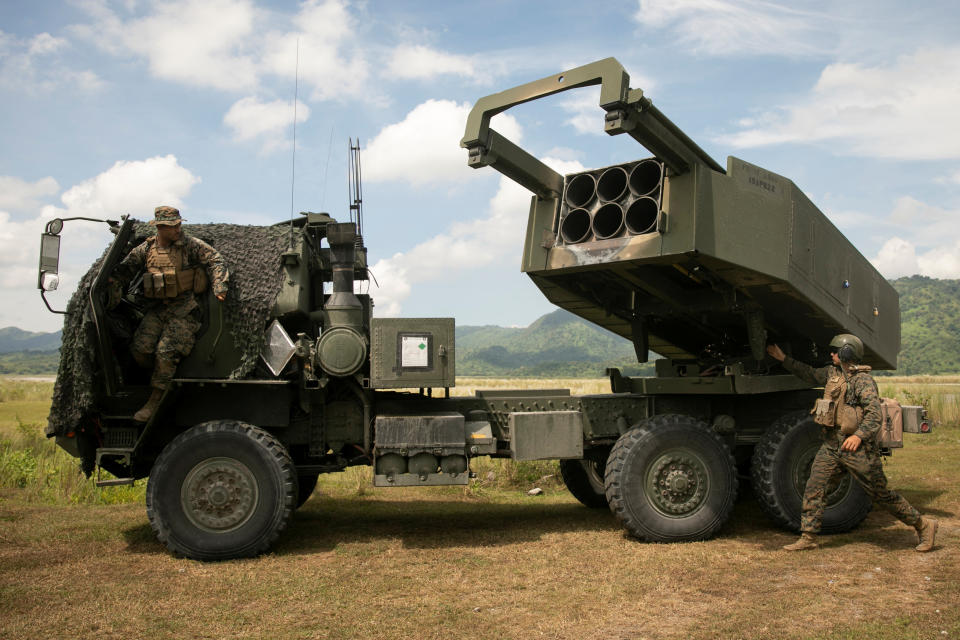 U.S. Marines check the M142 High Mobility Artillery Rocket System (HIMARS) after the live fire exercises, as part of the annual joint maritime exercises between the Philippines and the U.S., at Capas, Tarlac province, October 13, 2022. REUTERS/Eloisa Lopez