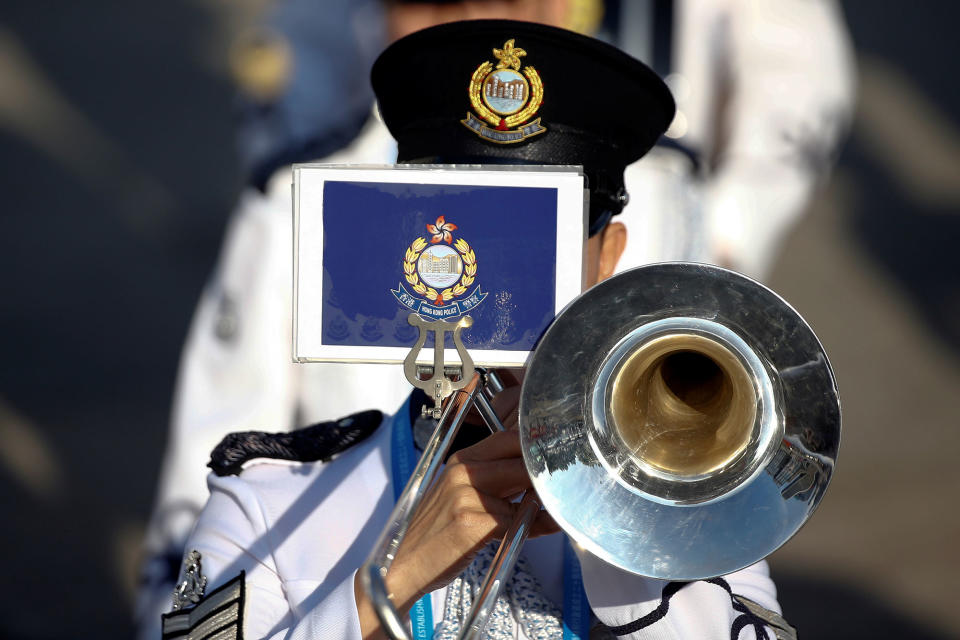 A band performs during a flag raising ceremony