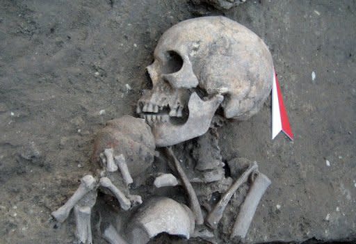 This handout photo, provided by the Bulgarian National Institute of Archeology, shows the remains of a man with a ceramic bowl in the necropolis of a small settlement made of two-story houses near the town of Provadia in eastern Bulgaria. Archeologists have uncovered the remains of what could be the oldest prehistoric city in Europe