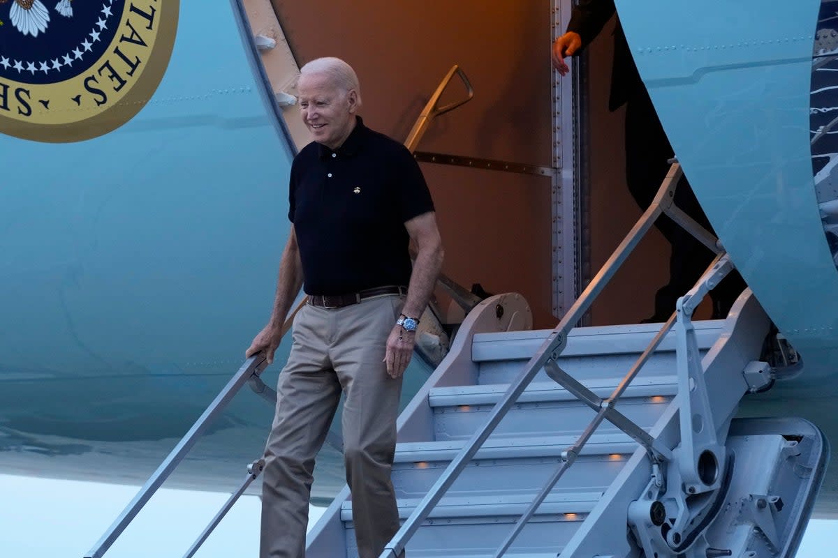 President Joe Biden walks down the steps of Air Force One at Andrews Air Force Base, Maryland, on Thursday, July 13, 2023.  (AP)