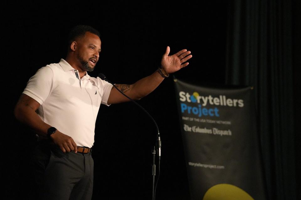 Columbus Police Sgt. James Fuqua participates in a Columbus Storytellers Project on Wednesday, March 9, 2022 at the Columbus Athenaeum in downtown Columbus.