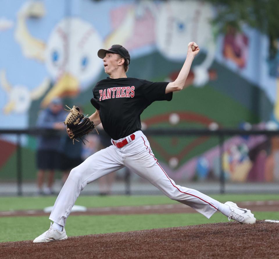 Whitman-Hanson starting pitcher Ryan Baker delivers a pitch to a Milton batter during a game at Fraser Field in Lynn on Tuesday, June 13, 2023.