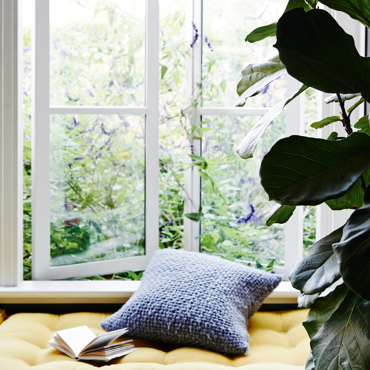  Yellow window seat beside plant and open window. 