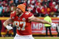 Kansas City Chiefs' Travis Kelce celebrates after the NFL AFC Championship football game against the Tennessee Titans Sunday, Jan. 19, 2020, in Kansas City, MO. The Chiefs won 35-24 to advance to Super Bowl 54. (AP Photo/Ed Zurga)