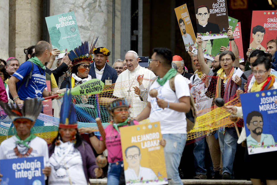 FILE - Pope Francis walks in procession on the occasion of the Amazon synod, at the Vatican, on Oct. 7, 2019. Pope Francis' first 10 years as pope have been marked by several historic events, as well as several unplanned moments or comments that nevertheless helped define the contours and priorities of history's first Latin American pope. (AP Photo/Andrew Medichini, File)