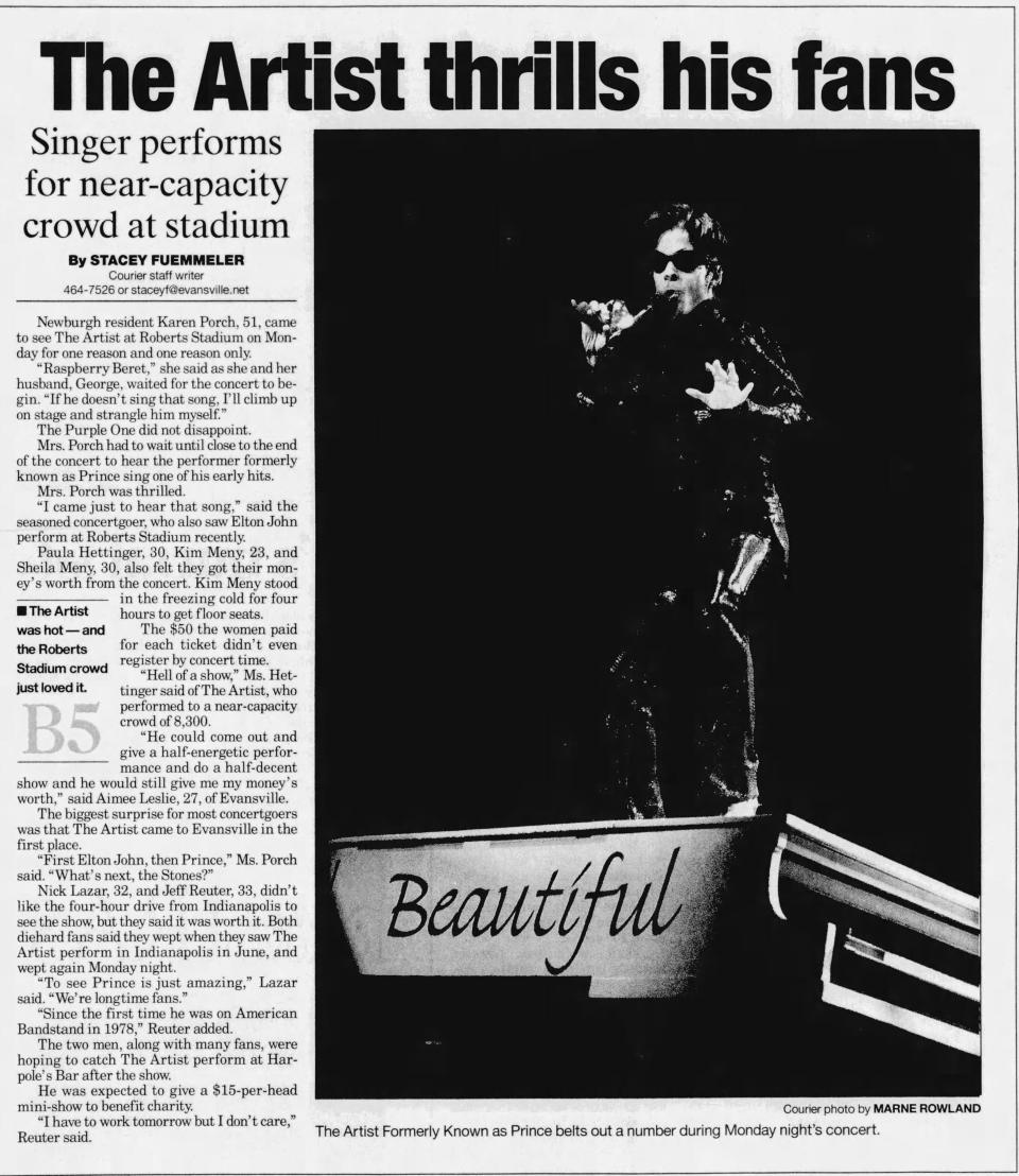 A photo from the cover of the Jan. 6, 1998 Evansville Courier & Press featuring Prince in concert at Roberts Stadium.