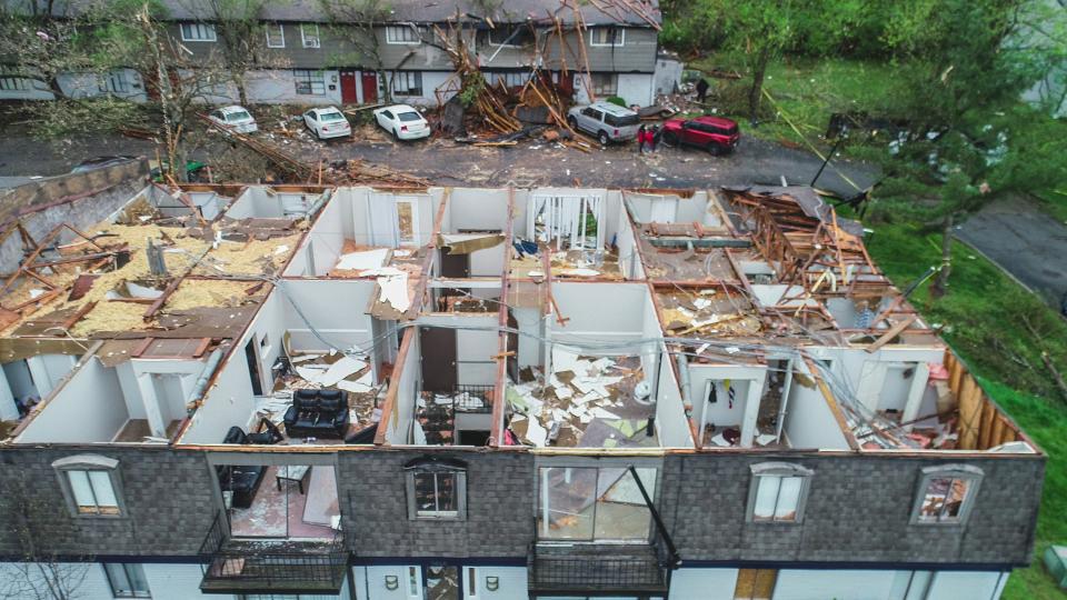 The roof blew off of an apartment building in South Louisville after strong storms and a tornado came through the area on Wednesday, April 5, 