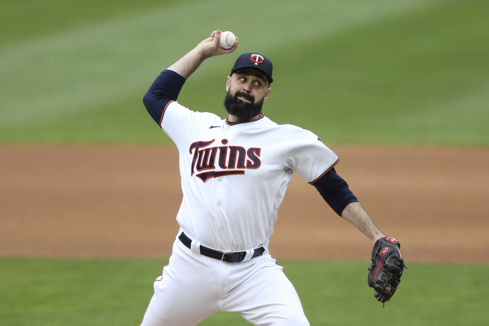 Minnesota Twins' pitcher Matt Shoemaker throws against the Kansas City Royals during the first inning of a baseball game, Sunday, May 30, 2021, in Minneapolis. (AP Photo/Stacy Bengs)