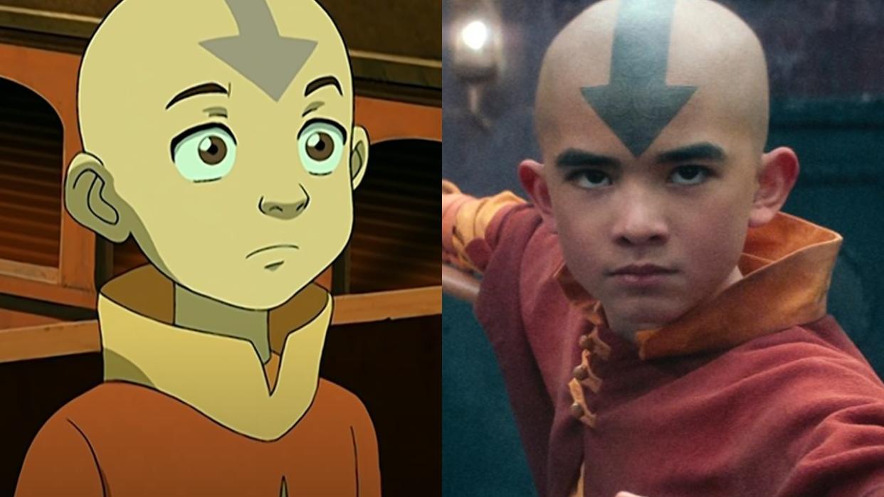  From left to right: an animated Aang and Gordon Cormier as Aang. 