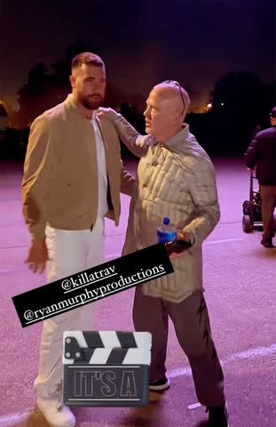 <p>Niecy Nash/Instagram</p> Travis Kelce and Ryan Murphy on set of 'Grotesquerie'