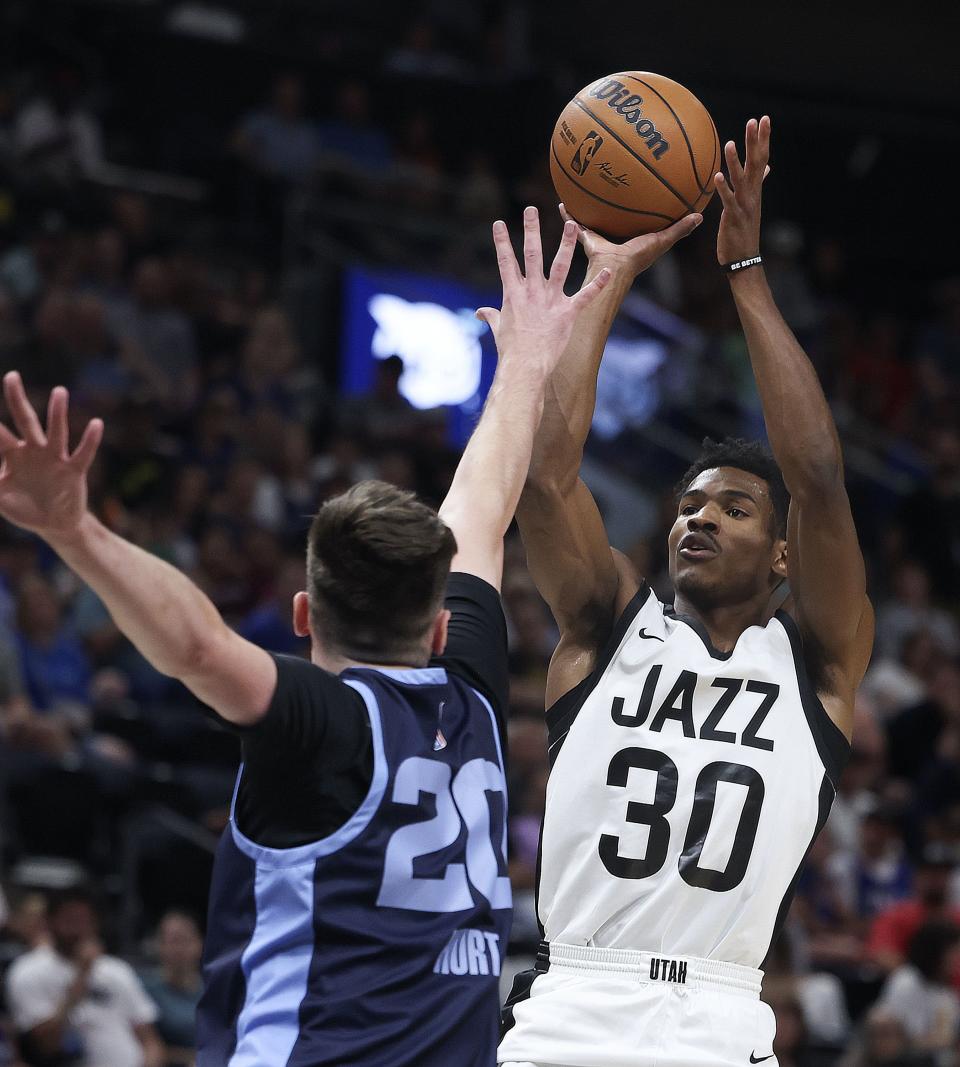 Utah Jazz guard Ochai Agbaji shoots against the Memphis Grizzlies’ Matthew Hurt at the Delta Center in Salt Lake City on Thursday, July 6, 2023. | Laura Seitz, Deseret News