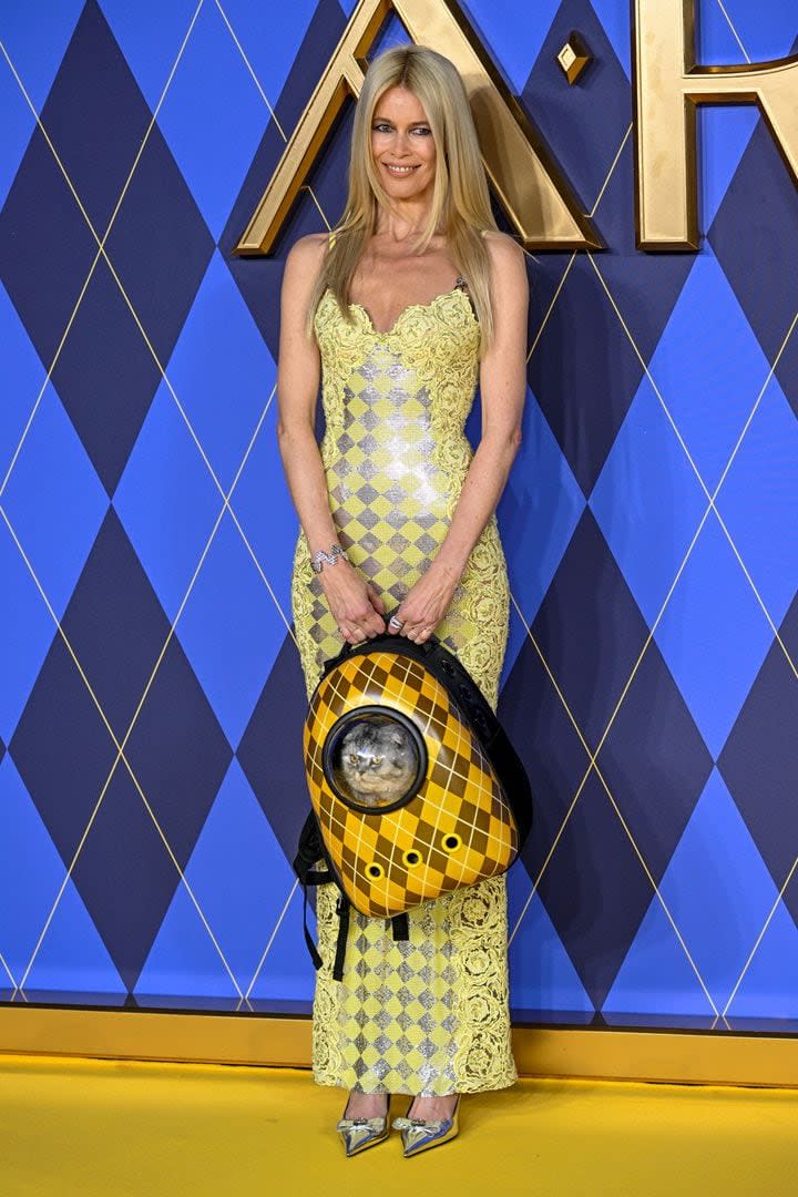 Pero lo más impactante del look de Claudia Schiffer no fue su look ni su eterna belleza: la supermodelo, ícono de la moda en los 90, recorrió la alfombra roja con su gato Chip en una mochila a tono con la estética de la película