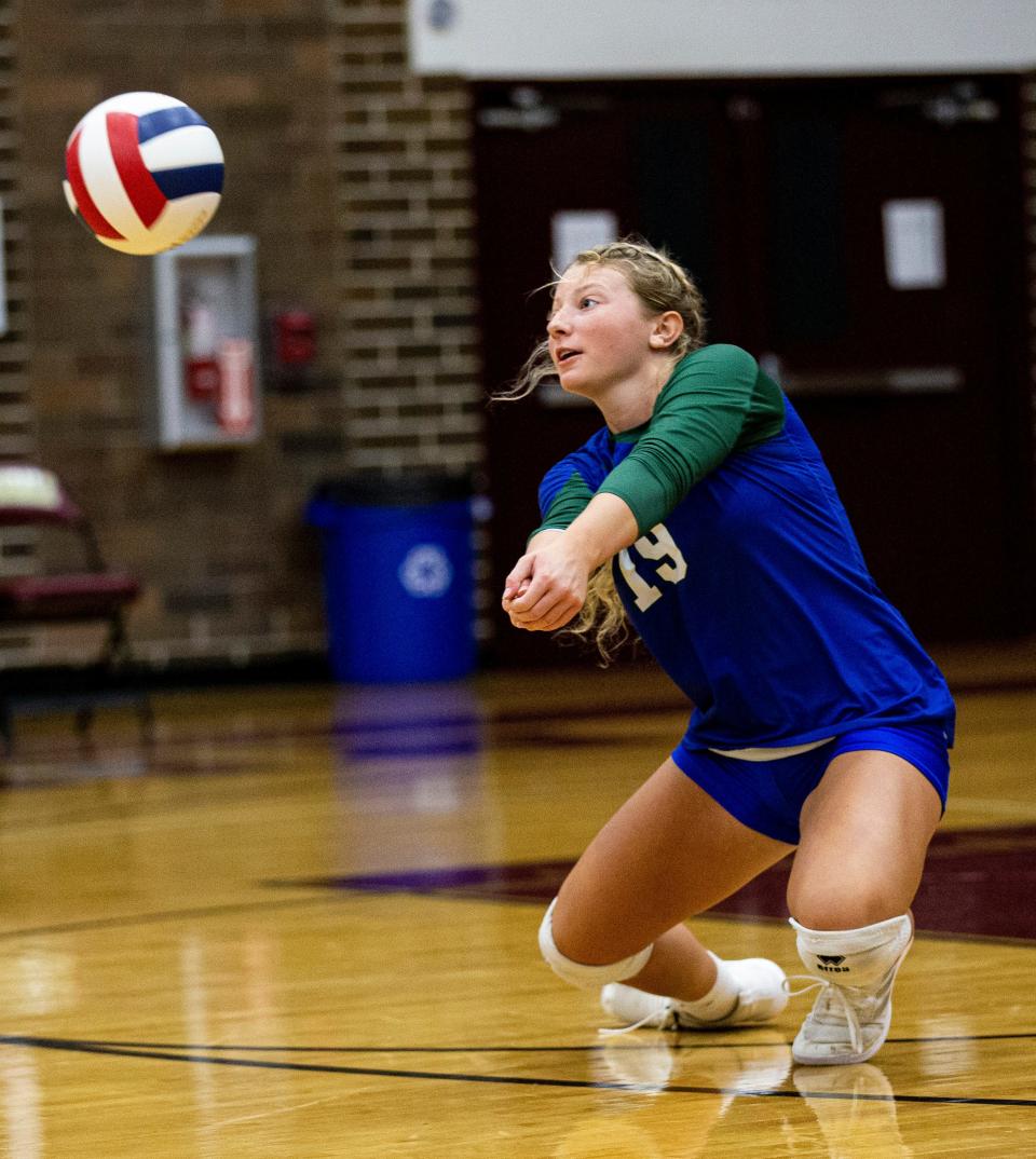 Lexi Haley of the Seacrest Country Day School volleyball team plays the ball against Riverdale High School at Riverdale on Wednesday, Oct. 4, 2023. Seacrest won in three sets.
