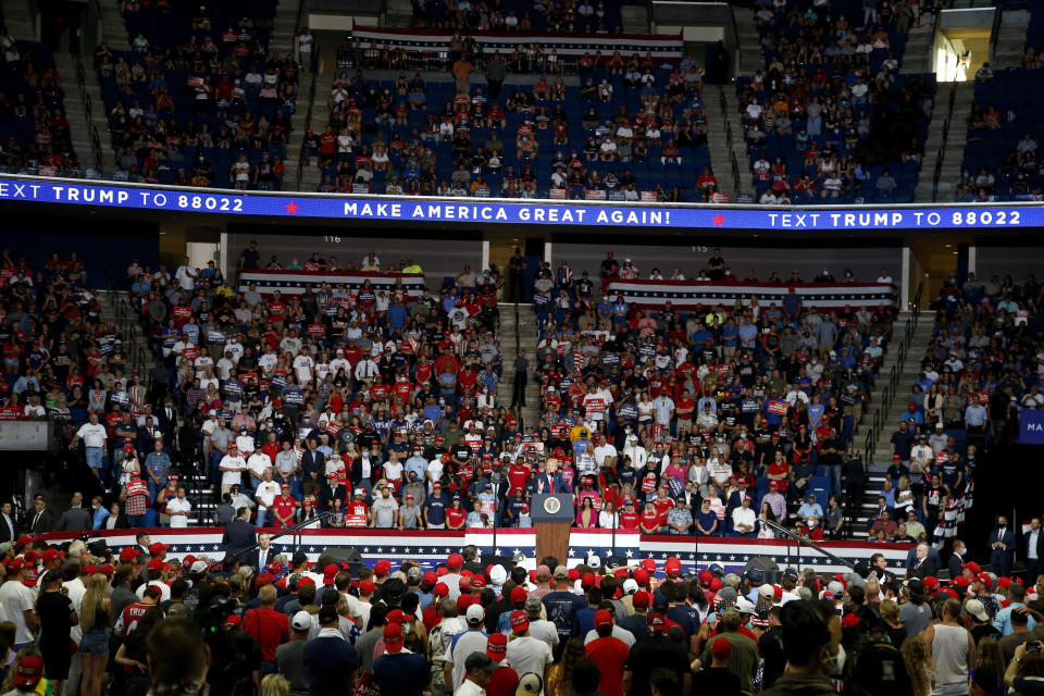 President Donald Trump speaks during a campaign rally at the BOK Center, Saturday, June 20, 2020, in Tulsa, Okla. (AP Photo/Sue Ogrocki)