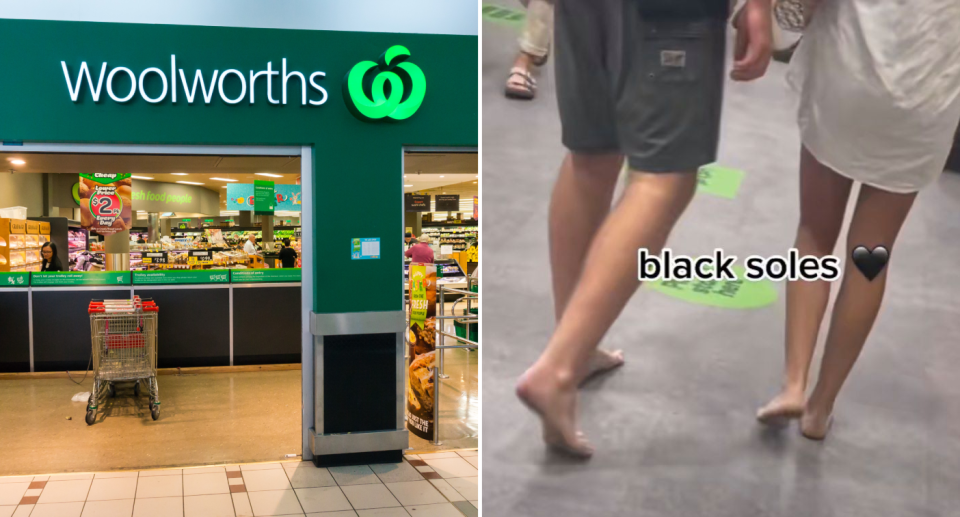 Left: Woolworths logo at entrance. Right: Barefoot people with dirty feet, text overlay reads 'black soles'. Source: Getty Images (left), TikTok/@sophiainsydney (right).