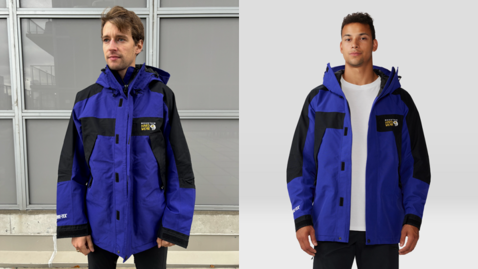 men wearing blue and black winter jacket, This Mountain Hardwear jacket is the best bang for your buck on this list (photos via Alex Cyr & Mountain Hardwear).