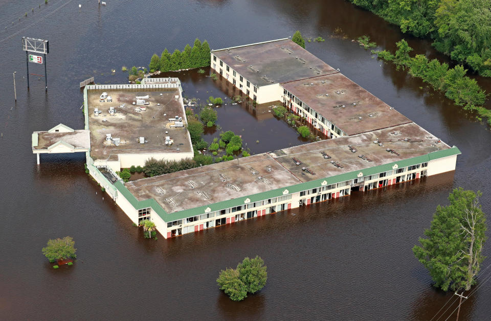 A building sits in floodwater in Lumberton.&nbsp;