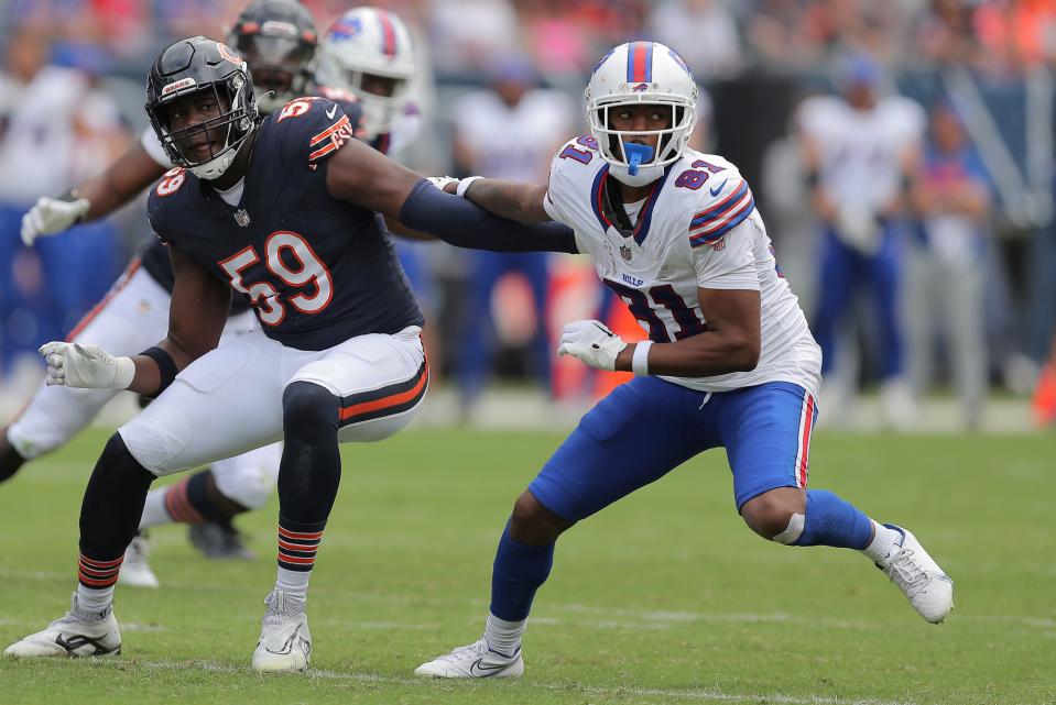 Buffalo Bills wide receiver KeeSean Johnson is guarded by Chicago Bears defensive end Jalen Harris during an NFL football preseason game against the Chicago Bears, Saturday, Aug. 26, 2023, in Chicago.