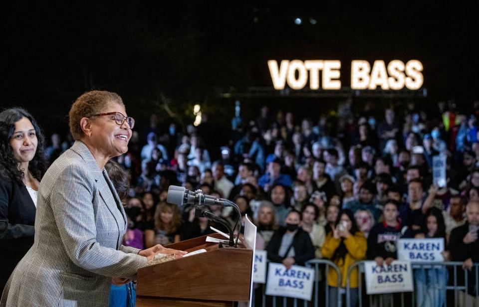 Los Angeles mayoral candidate Karen Bass speaks during a rally.