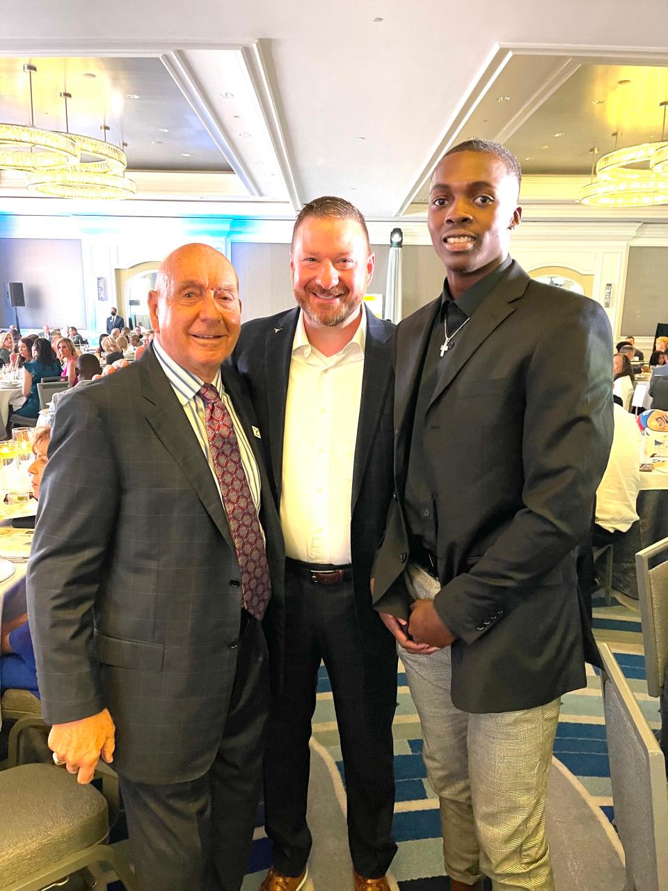 ESPN personality Dick Vitale, left, hosted Texas men's basketball coach Chris Beard and Longhorns guard Andrew Jones at his annual Dick Vitale Gala to benefit cancer research in May 2021. "He represents Texas in such a positive and classy way," Vitale said this week about Jones.