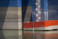 A man swims past water level indicators on a bridge support column in the Jialing River in southwestern China's Chongqing Municipality, Friday, Aug. 19, 2022. Ships crept down the middle of the Yangtze on Friday after the driest summer in six decades left one of the mightiest rivers shrunk to barely half its normal width and set off a scramble to contain damage to a weak economy in a politically sensitive year. (AP Photo/Mark Schiefelbein)