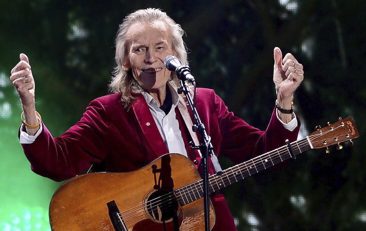 Gordon Lightfoot performs during the evening ceremonies of Canada's 150th anniversary of Confederation, in Ottawa, Ontario, on July 1, 2017. The legendary folk singer-songwriter, whose hits including “Early Morning Rain,” and “The Wreck of the Edmund Fitzgerald," told a tale of Canadian identity that was exported worldwide, died on Monday, May 1, 2023, at a Toronto hospital, according to a family representative. He was 84. (Sean Kilpatrick/The Canadian Press via AP)