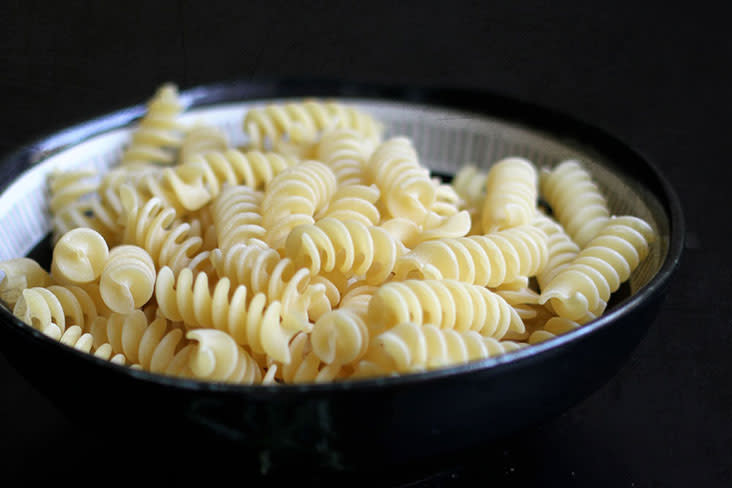 Any short pasta will work in a cheese bake; here the spiral-shaped fusilli is used