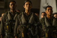This image released by Paramount Pictures shows, from left, Jay Ellis, Monica Barbaro and Danny Ramirez in "Top Gun: Maverick." (Paramount Pictures via AP)