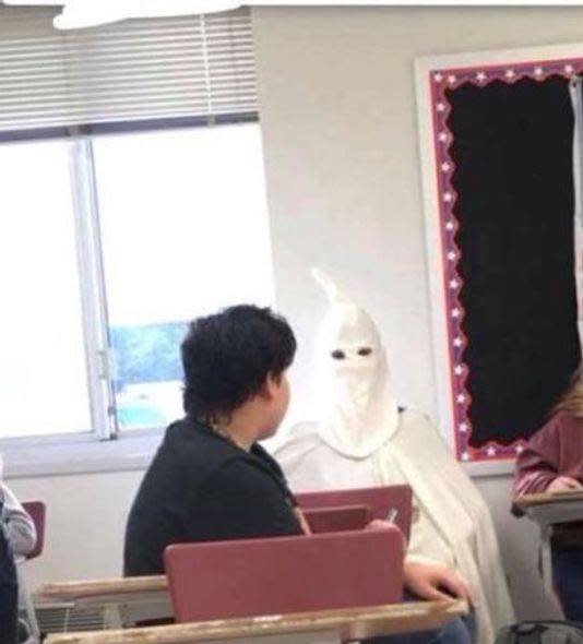 A Missouri teacher has been suspended for allowing a student to dress as a member of the Ku Klux Klan for a classroom project. (Photo: Springfield News-Leader/Snapchat)