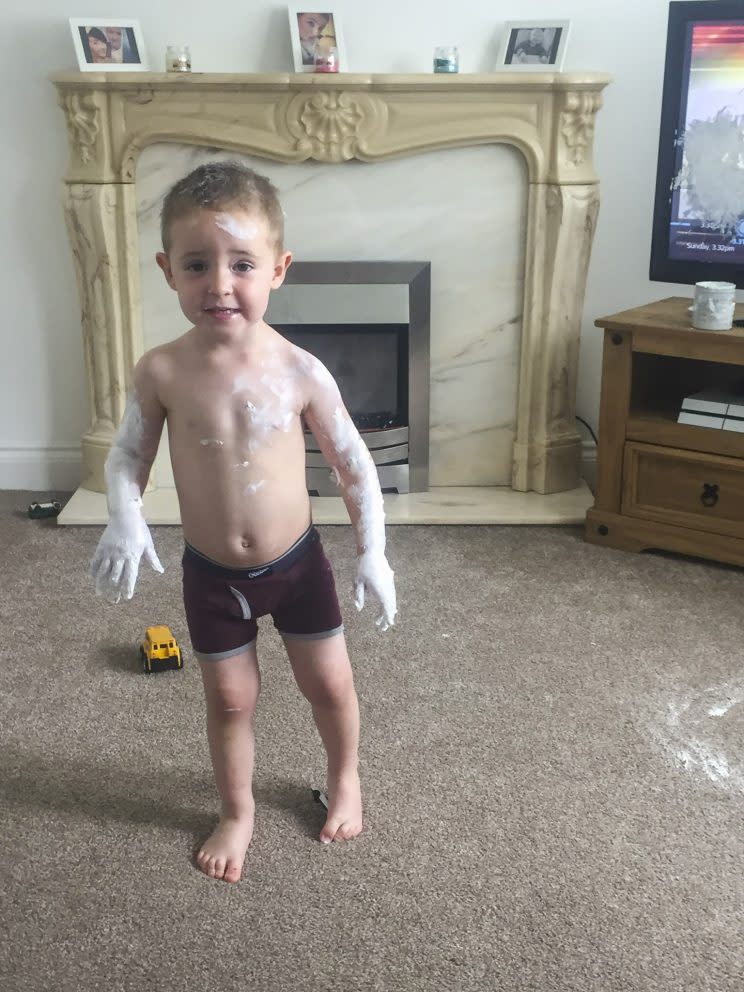 An exhausted mum threatened to put her toddler on eBay after he smeared nappy cream all over their brand new 52-inch TV