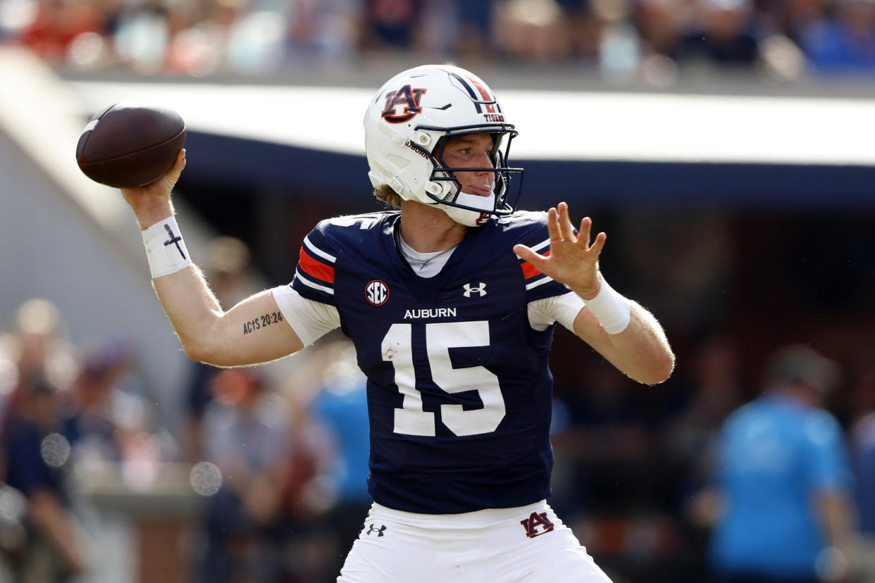 Auburn quarterback Hank Brown throws a pass during the first half of an NCAA college football game against Arkansas, Saturday, Sept. 21, 2024, in Auburn, Ala.(AP Photo/Butch Dill)