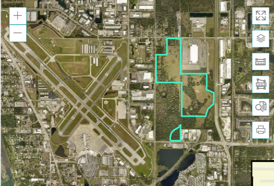 Manatee County Development Services is fast tracking permitting requests for a 355-unit apartment complex on acreage south of the Amazon distribution center and west of U.S. 301. The parcel is shown above outlined in green.
