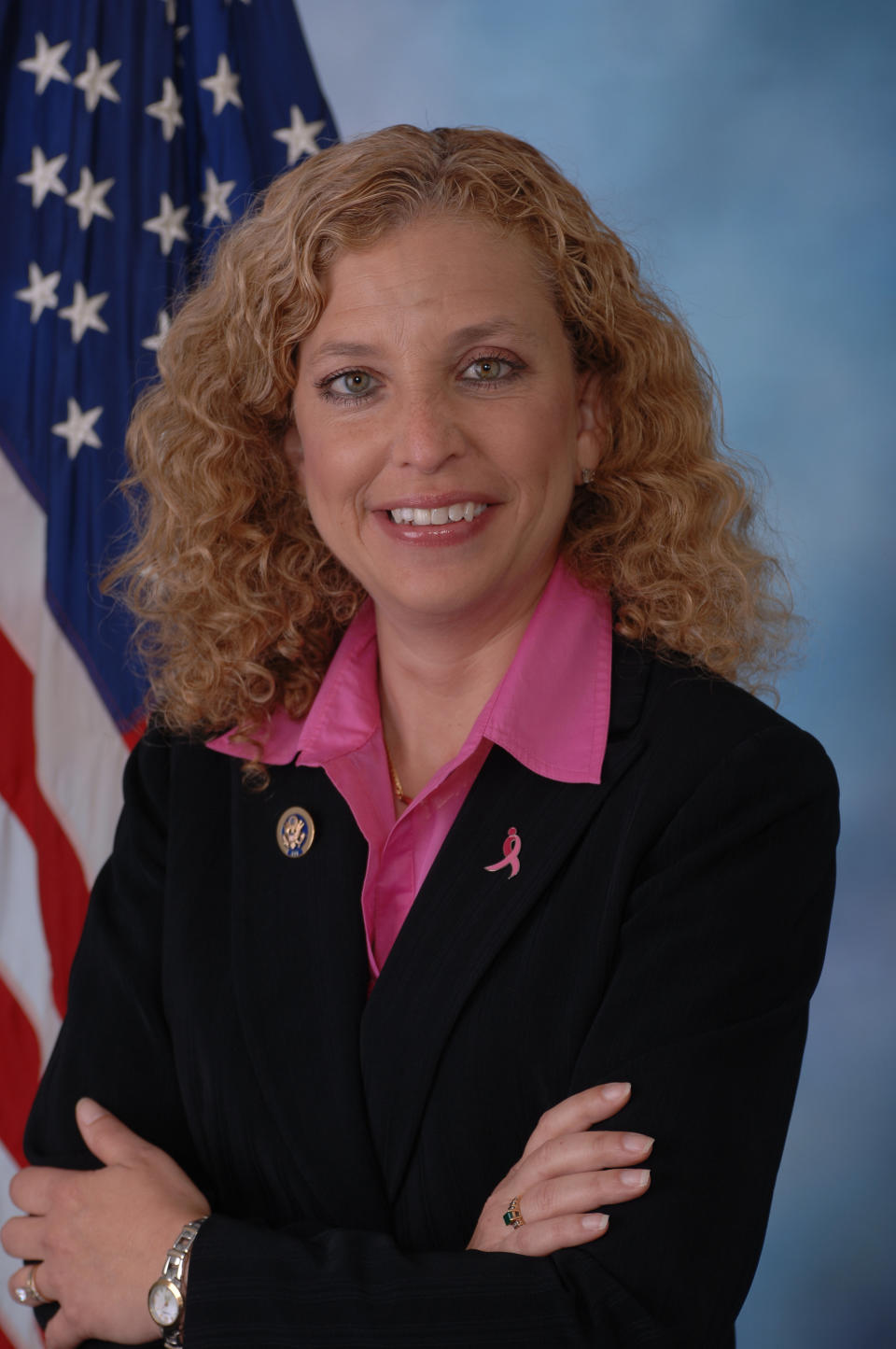 Wasserman Schultz's curly blonde hair can't be missed. An October 2012 <a href="http://www.huffingtonpost.com/2012/10/05/debbie-wasserman-schultz-vogue-makeover-overdone_n_1942392.html">Vogue makeover</a> called attention to the Florida representative's style.