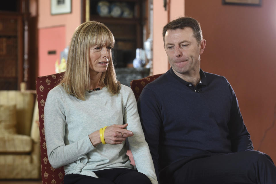 Kate and Gerry McCann, whose daughter Madeleine disappeared from a holiday flat in Portugal ten-years ago, talk during a BBC TV interview in Loughborough, England, Friday April 28, 2017.  The parents of Madeleine McCann have vowed to do "whatever it takes for as long as it takes" to find her as they prepare to mark the tenth anniversary of her disappearance on the evening of 3 May 2007, from her bed in a holiday apartment in Praia da Luz resort in the Algarve, Portugal. (Joe Giddens/Pool via AP)