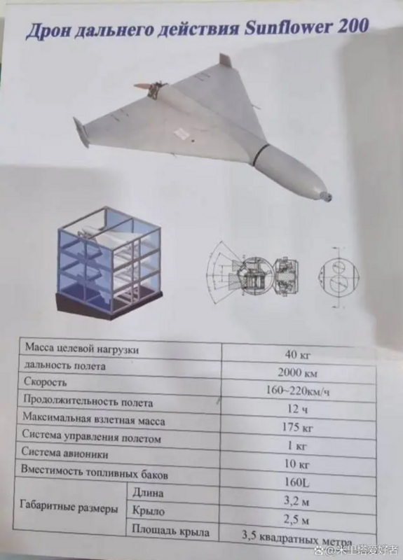 根據俄羅斯 Armiya-2023 軍事論壇的公開照片顯示，一家未具體指明的中國公司展示了其名為「向日葵 2000」的自殺式無人機。   圖: 翻攝自百度