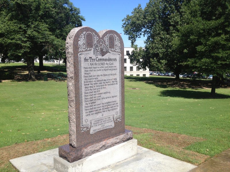 A statue of the Ten Commandments is seen after it was installed on the grounds of the state Capitol in Little Rock, Arkansas, U.S. June 27, 2017.