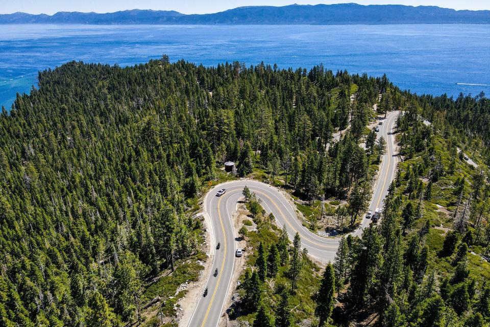 Curved road high above the mountains in Lake Tahoe