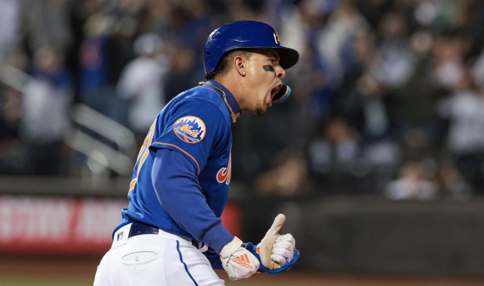 New York Mets third baseman Mark Vientos (27) reacts after hitting a two-run home run during the seventh inning against the Tampa Bay Rays at Citi Field.