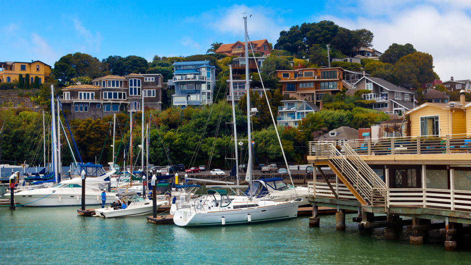 Yacht harbor and waterfront in Tiburon, CA.