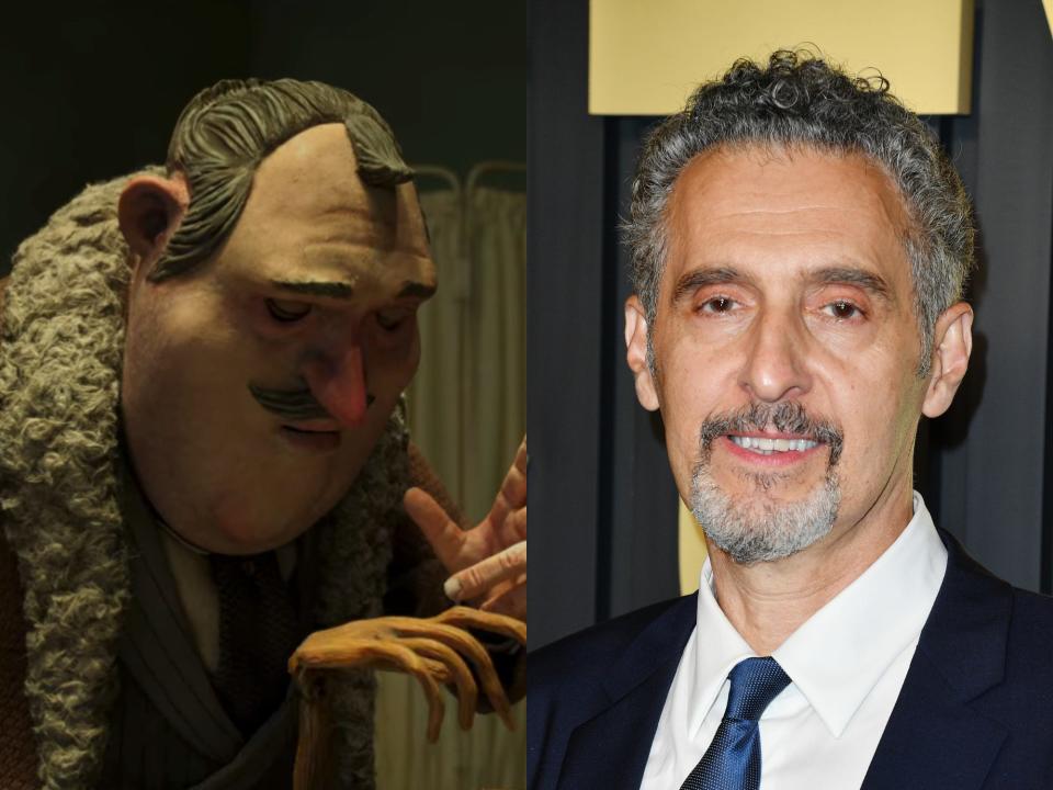 left: a heavy set stop motion animated man with a reddish nose and fur lined coat, examining a wooden hand sadly; right: john turturro, a man with dark silver-grey hair and trimmed beard, smiling slightly and wearing a navy suit and blue tie